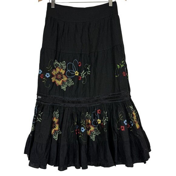 Women's Linen Tiered Midi Skirt 14 Black Floral Embroidery Sequin Festival Boho - Picture 7 of 9